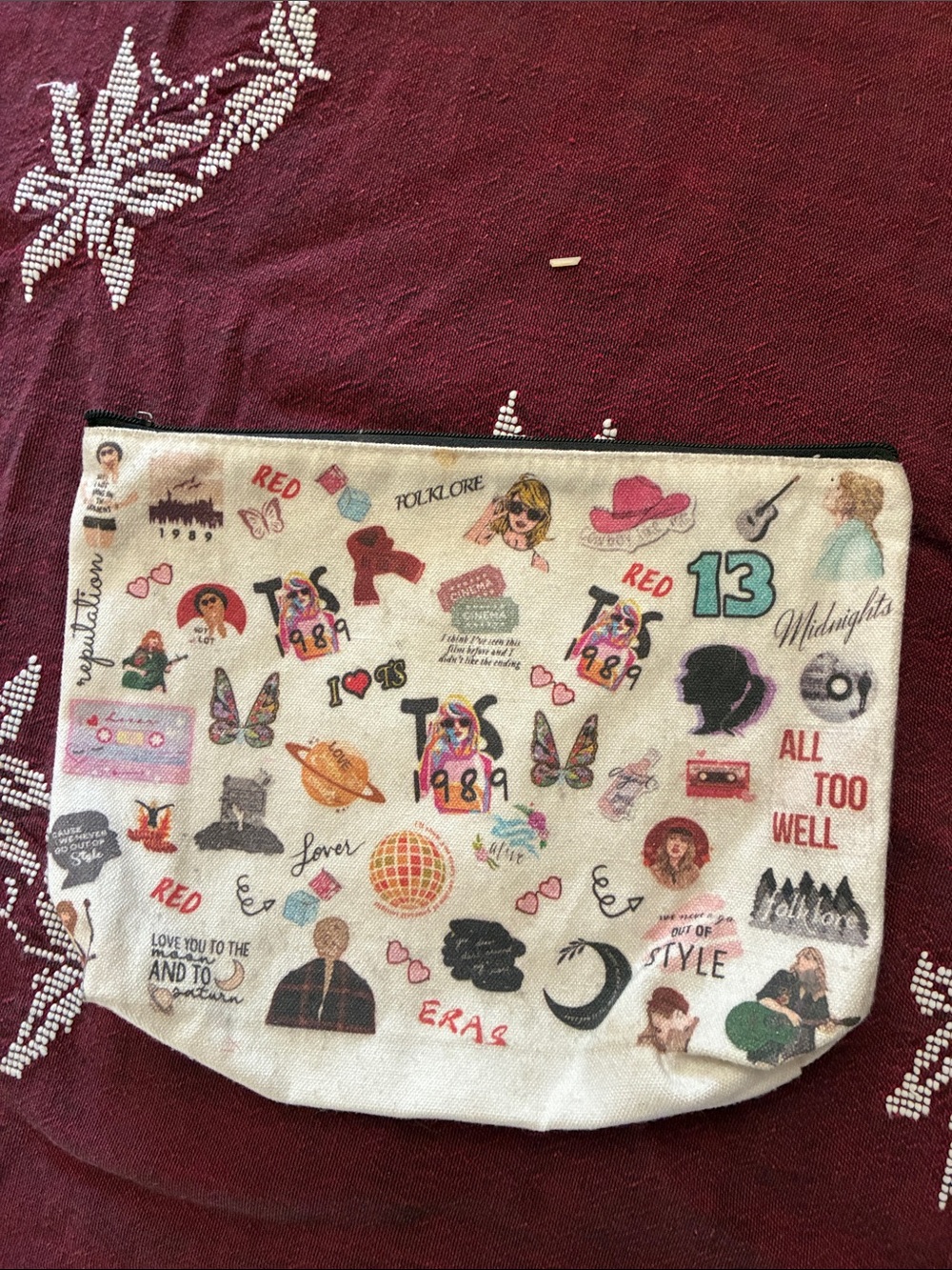 Taylor Swift Cream Zip Pouch with Multicolor Fan Icons